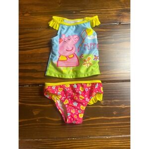 Peppa Pig Swimsuit Baby Girl Size 2T Blue Top Pink Bottom 2Piece Ruffle Sleeve